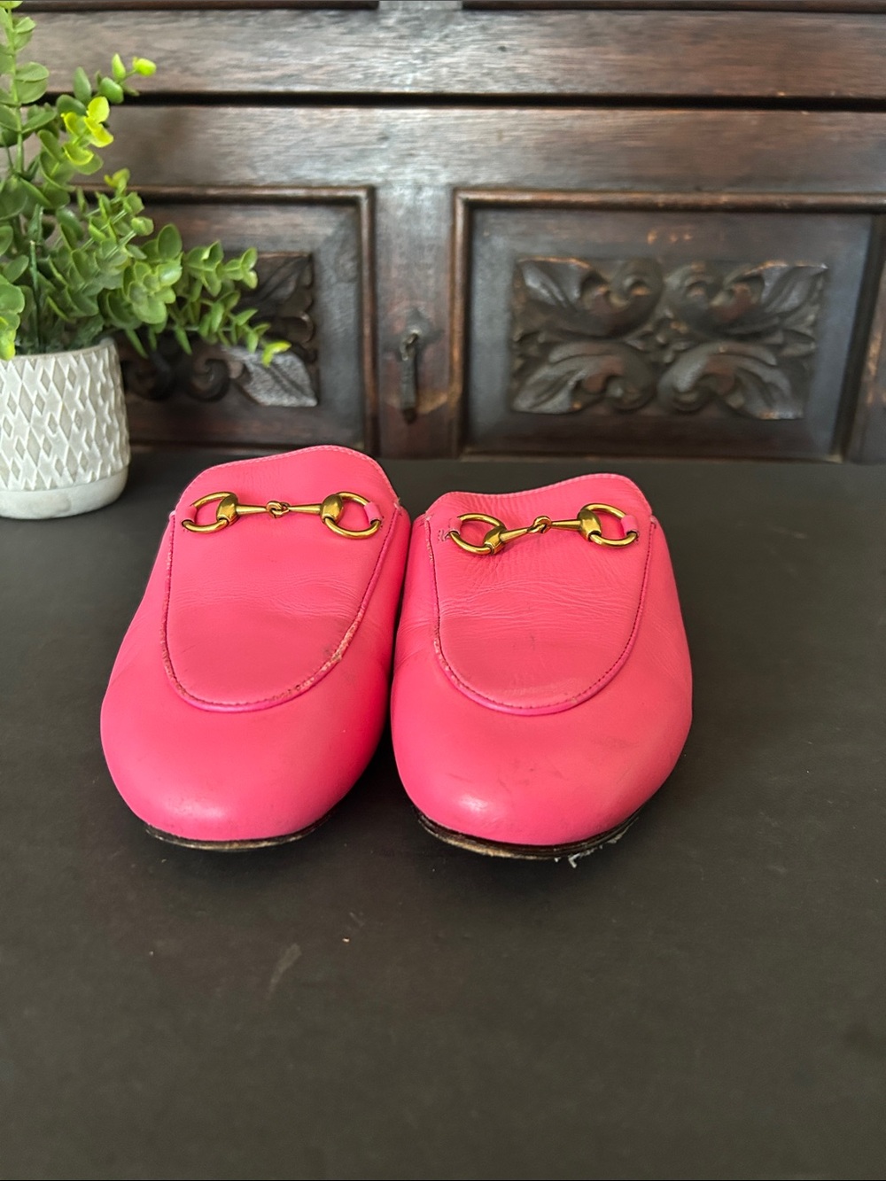 Pink Women's Slip-On Loafers with Gold Bit Hardware - Picture 3 of 17